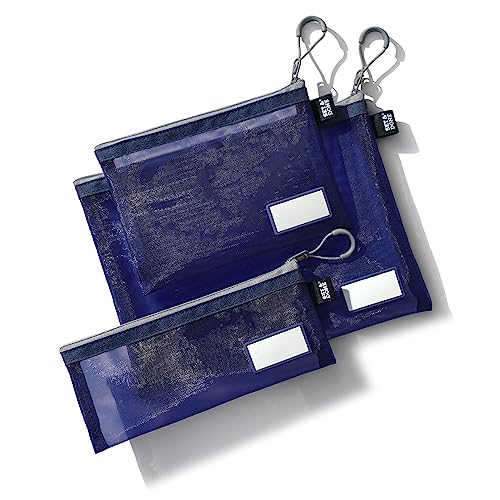 Set & Done Onama Flexi Mesh Zipper Pouch – Durable Clear Nylon Storage Bag with Name Tab for Makeup, Travel, Diaper Bag & Office Organizing - color: Ultramarine, size: Pack of 3 Assorted