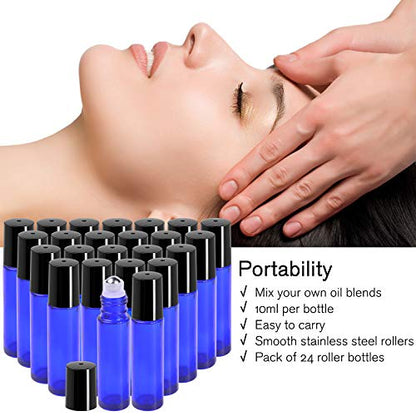 PrettyCare Roller Bottles 10ml (12 Pack Blue Glass, Black Cap, 24 Labels, 2 Extra roller balls, Opener, 2 Funnels) for essential oils, Roll on Bottles - color: Blue with Black Cap, size: 12 Pack
