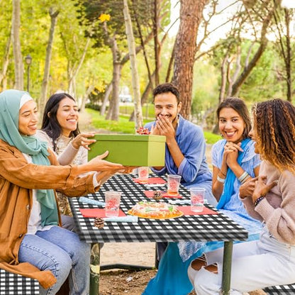 3 Pcs Set Fitted Picnic Table Cover with Bench Covers Vinyl Camping Table Cloth Flannel Backing Picnic Table Cloth for 6ft Tables Camping Outdoor (Black Checked, 30 x 72 Inches) - color: Black and White Plaid
