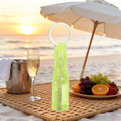 Wine Pouch Mesh Bag, Resin Handle Wine Bag, Sparkly Rhinestone Handwoven Mesh Bags, Party Water Bottle Bags Accessory, Daily Housewarming Party Use - color: Grass Green