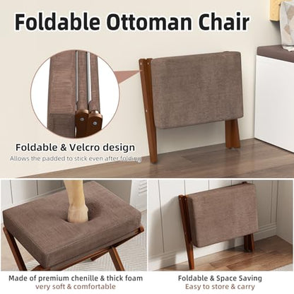BAMBOOHOMIE Foldable Foot Stool Ottoman, Modern Foot Rest with Bamboo X Legs & Thick Foam Cushion, Folding Foot Stools Small Padded for Bedroom Living Room, Footstool for Chair Couch (Brown - Brown) - color: Brown - Brown