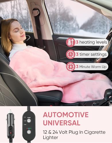 12V/24V Heated Car Blanket, Electric Blanket Flannel Heating Throw for Car, SUV, RV, or Camping, 60" x 44", Hi/M/Lo Heating Settings, Auto-Off Timer,Pink - color: Pink