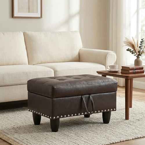 28.5 Inch Storage Ottoman Bench with Hidden Storage, PU Leather Upholstered Foot Rest Stool, Tufted End of Bed Bench for Bedroom Living Room, Easy to Clean, Linen Brown - color: Dark Brown