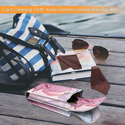 FINTIE Double Glasses Case with Carabiner Hook, Portable Vegan Leather Eyeglass Case Anti-scratch Sunglasses Pouch - color: Glittering Marble