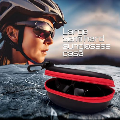 MyEyeglassCase Sports Sunglasses Case and Slim wallet Semi hard large glasses case w/belt clip soft pouch & cloth - color: B15hc Black/Red1