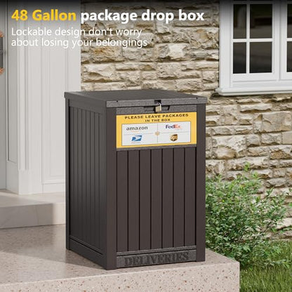 LHBGO Package Delivery Box for Outside, with Delivery Sign 48 Gallon Storage with Lockable Secure, Large Resin Outdoor Package Drop Container - color: Brown with Delivery Sign