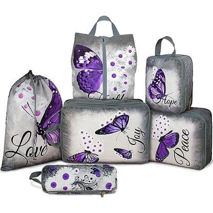6 Pcs Compression Packing Cubes Waterproof Suitcase Travel Bag Luggage Backpack Organizer Travel Cubes for Packing-Purple Butterfly - color: Purple Butterfly