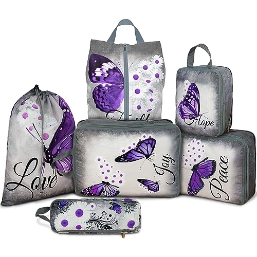 6 Pcs Compression Packing Cubes Waterproof Suitcase Travel Bag Luggage Backpack Organizer Travel Cubes for Packing-Purple Butterfly - color: Purple Butterfly