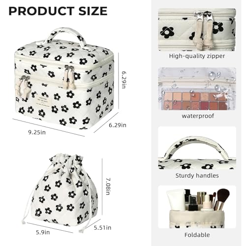 Gosect Makeup Bag, Quilted Cosmetic Bag Set, Drawstring Makeup Bag with Canvas Lining, Large Floral Toiletry Bag for Women Girls, Cute Cotton Flower Travel Organizer Bag (Black Flower - color: Black Pattern
