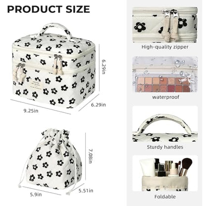Gosect Makeup Bag, Quilted Cosmetic Bag Set, Drawstring Makeup Bag with Canvas Lining, Large Floral Toiletry Bag for Women Girls, Cute Cotton Flower Travel Organizer Bag (Black Flower - color: Black Pattern