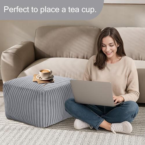 MeMoreCool Square Stuffed Pouf Ottoman Foot Rest, Stripe Furry Floor Pouf Foot Stool with Foam Chunk Filling, Soft Fluffy Stuffed Ottoman Footrest for Living Room, Faux Fur Grey - color: Ribbed Light Grey