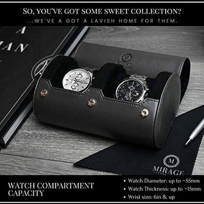 2 Watch Roll Travel Case for Men - Watch Holder and Storage for Travel - Slate Gray Swiss Motif Vegan Leather - color: Slate Gray 2-watch case