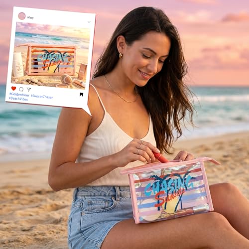 COSHAYSOO Sunscreen Bag Clear Makeup Toiletry Pouch Beach Vacation Essentials for Women Teen Girls Trip Gifts Summer Pool Travel Must Have Accessories Waterproof Stuff - color: Multi-Chasing Sunsets