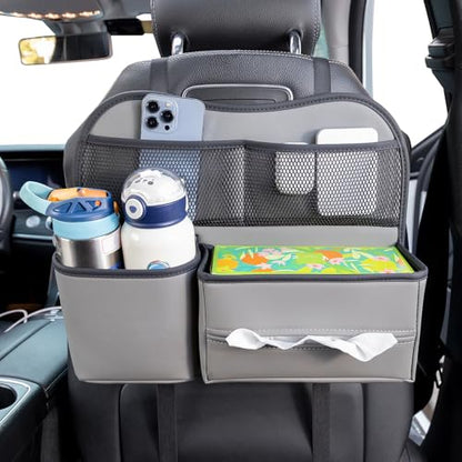 Leather Car Seat Back Organizer with Tissue Holder, Water Bottle Holder, Phone Holder for Road Trips. (Gray) - color: Gray