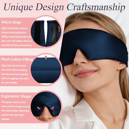 22 Momme 6A Pure Mulberry Silk Sleep Mask for Side Sleeper, Navy Blue Padded Full Coverage Blackout Eye Mask with Adjustable Velcro Strap for Men Women Travel Night Nap - color: Navy Blue