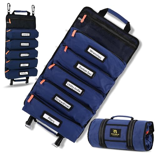 Roll Up Tool Bag Organizer – Heavy Duty Canvas Tool Roll Bag, Tool Roll Up with 5 Oversized Labeled Pockets & Carabiners, Portable Roll Up Tool Organizer for Mechanic, Truck & Car (Blue) - color: Blue