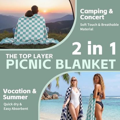 2 in 1 Extra Large Boho Beach Blanket Towel Picnic Rug Camp Mat Family Trip Essentials Summer Vacation Must Have Travel Accessories Lake Day Necessities Stuff Thing Need Gear Gift Item Gadget 2026 - color: Checkered Aqua