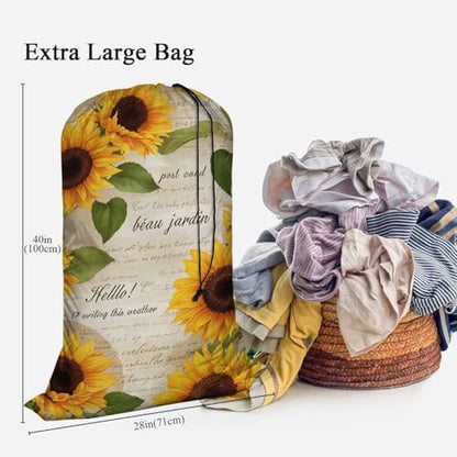 Swono Sunflowers Laundry Bag with Drawstring Straps, Heavy Duty Extra Large Laundry Bags for Laundromat Household, Hand Drawn Old Letters Floral Repeat Print Golden Blossom Travel Dirty Clothes Bag - color: Sunflowers