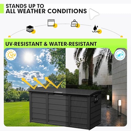 75 Gallon Outdoor Deck Storage Box - Heavy Duty Resin Container with Lockable Lid & Handles for Patio, Garden, Yard - Weatherproof (Black)