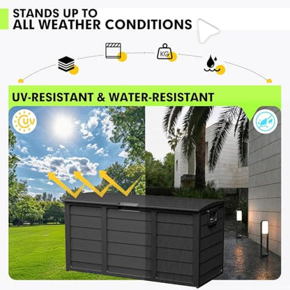 75 Gallon Outdoor Deck Storage Box - Heavy Duty Resin Container with Lockable Lid & Handles for Patio, Garden, Yard - Weatherproof (Black)