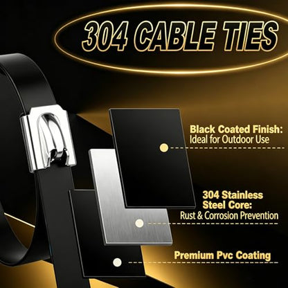 150 PCS 11.8 Inch Black Galvanized Steel Cable Ties with Metal Cable Tie Gun and Protective Gloves, Heavy Duty 304 Stainless Steel Zip Ties Self-Locking Steel Ties Fastening Tool Kit for Fence Use - color: Black, size: 150PCS 1.81x11.8 IN
