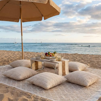 9 Pcs Extra Large Outdoor Boho Picnic Blanket 91'' x 71'' Folding Camping Table Beige White Table Runner 6 Throw Pillow with Pillow Cores Woven Cotton Yarn for Camping Garden Beach Wedding
