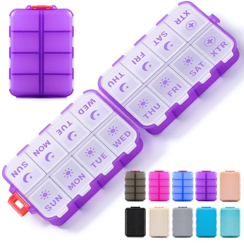 Foldable Weekly Pill Organizer 2 Times a Day with 2 Extra Compartments - Etched Labels - Portable 7 Day AM PM Medicine Box, Week Daily Travel Pill Case Holder for Vitamin, Supplement -Clear Purple - color: Clear Purple, size: AM & PM & EXTRA