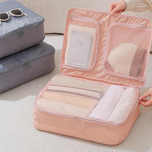Packing Cubes Set for Suitcases - Lightweight Travel Luggage Organizers with Compression Storage, Shoe Bag & Underwear Bag, Space-Saving Travel Essentials for Men & Women（Pink）