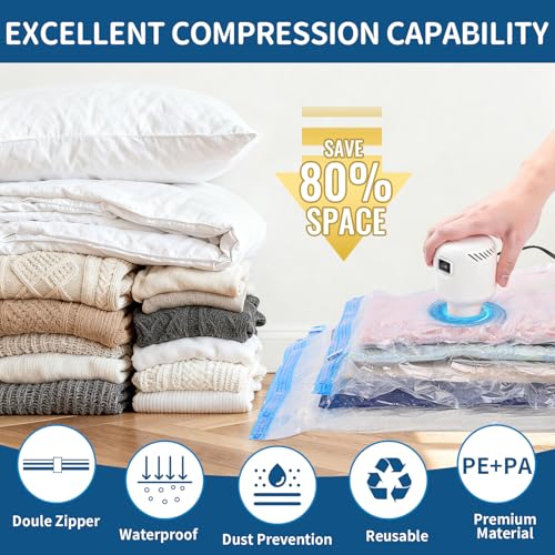 Vacuum Storage Bags with Electric Pump, 8 Pack | Stores Blankets & Comforters, Electric Pump Included, Reusable Compression Design, 4 Large & 4 Super Jumbo - size: 4 Large,4 Super Jumbo