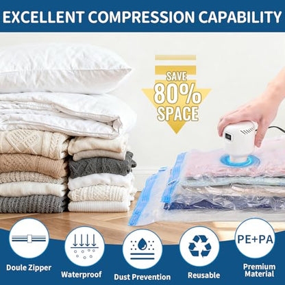 Vacuum Storage Bags with Electric Pump, 12 Pack | Stores Blankets & Comforters, 2 Jumbo 2 Large 3 Medium 3 Small 2 Roll-Up Bags, Electric Pump Included, Reusable Storage - size: 12 Combo