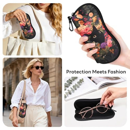 Sunglasses Case with Belt Clip, Ultra Light Neoprene Zipper Soft Padded Glasses Case for Women Men - color: Garden Cat