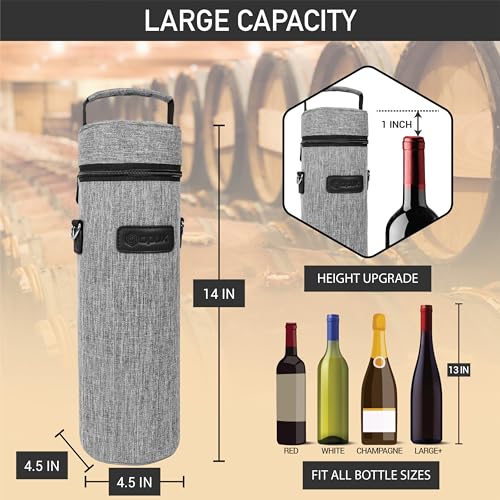 opux Wine Bag Single Bottle Carrier Tote, Insulated Wine Cooler Bag for Travel Picnic Beach with Shoulder Strap, Thermal One Bottle Holder Carrying Case Wine Gift for Women Men, Heather Light Gray - color: Heather Gray