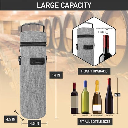 opux Wine Bag Single Bottle Carrier Tote, Insulated Wine Cooler Bag for Travel Picnic Beach with Shoulder Strap, Thermal One Bottle Holder Carrying Case Wine Gift for Women Men, Heather Light Gray - color: Heather Gray
