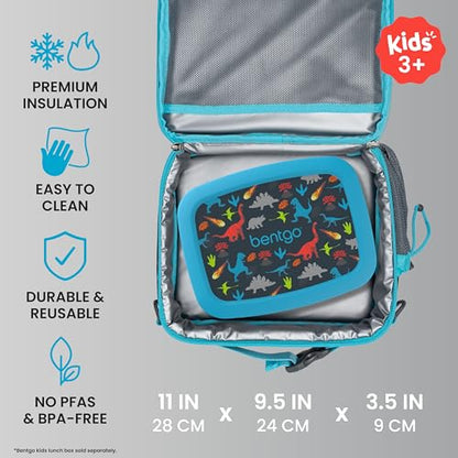 Bentgo Kids Lunch Bag - Durable, Double-Insulated Lunch Bag for Kids 3+; Holds Lunch Box, Water Bottle, & Snacks; Easy-Clean Water-Resistant Fabric & Multiple Zippered Pockets (Dinosaur) - color: Dinosaur