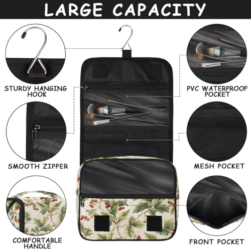 Hanging Travel Toiletry Bag for Women, Holly Berries Print Water Resistant Polyester Organizer with Hook & Handle, Large Capacity Cosmetic Bag for Travel, Gym, Camping - color: Holly Berries Print