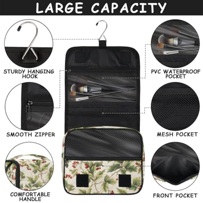 Hanging Travel Toiletry Bag for Women, Holly Berries Print Water Resistant Polyester Organizer with Hook & Handle, Large Capacity Cosmetic Bag for Travel, Gym, Camping - color: Holly Berries Print