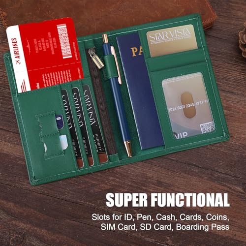 STAR VISTA Phoenix Leather Passport Holder, Calfskin Travel Wallet - RFID Blocking, ID Window, Zipper Pocket, Pen & Notebook Included, Mint - color: Mint Calfskin