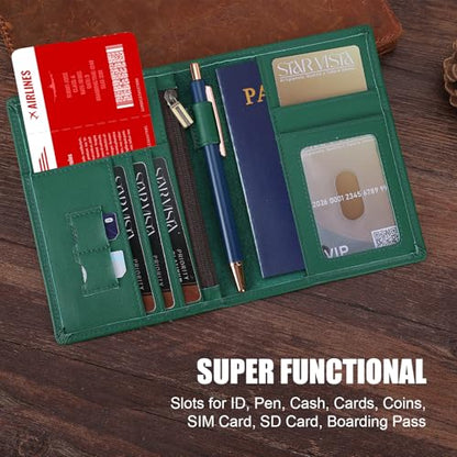 STAR VISTA Phoenix Leather Passport Holder, Calfskin Travel Wallet - RFID Blocking, ID Window, Zipper Pocket, Pen & Notebook Included, Mint - color: Mint Calfskin