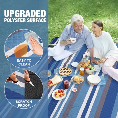 Picnic Blankets Outdoor Extra Large - 80"x80" Waterproof Beach Blanket, Machine Washable 3-Layer Foldable Park Mat with Sandproof Backing for Grass, Hiking, Travel, Concerts, Indoor (BlueStrip) - color: Blue