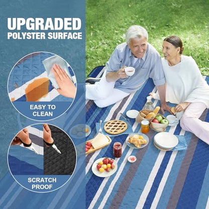 Picnic Blankets Outdoor Extra Large - 80"x80" Waterproof Beach Blanket, Machine Washable 3-Layer Foldable Park Mat with Sandproof Backing for Grass, Hiking, Travel, Concerts, Indoor (BlueStrip) - color: Blue