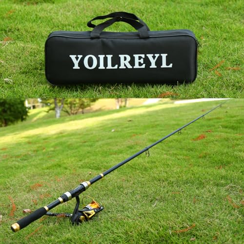Yoilrey Fishing Rod and Reel Combo – 5.9ft Telescopic Fishing Pole Starter Kit with Spinning Reel, Fishing Line, Lure Box & Tackle Bag for Travel - color: Black and Gold Fish Rod Set