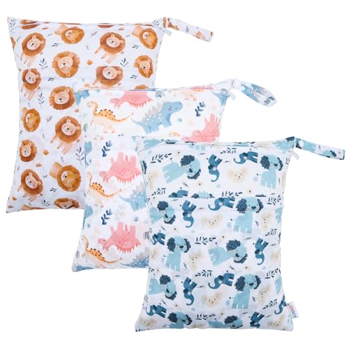 ALVA ALVABABY Wet Dry Bags for Baby Diapers, Reusable Waterproof Cloth Diaper Bag with Reinforced Zipper, 30×36cm Travel Organizer for Clothes, Swimsuits, Beach, Gym, Potty Training - color: Lions, puppies, dinosaurs