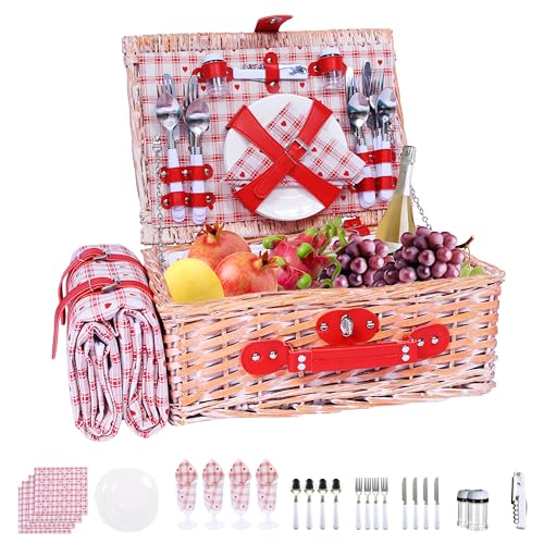 Picnic Basket Set for 4 with Waterproof Blanket Mat Insulation Bag Wicker Floral Pink Red Love Plaid Cute Kawaii Gift for Wedding Birthday Summer Camp Outdoor Camping Beach Travel Christmas - color: Red Heart