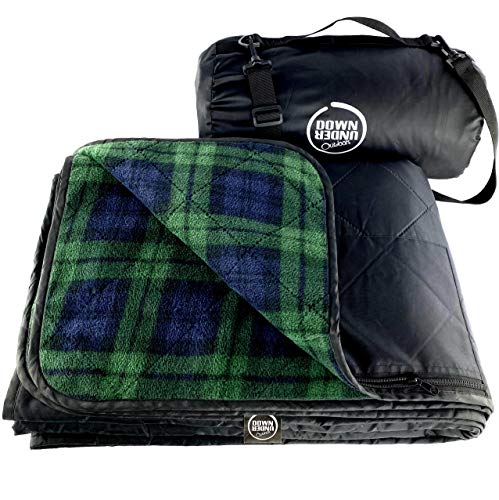 DOWN UNDER OUTDOORS Large Waterproof Windproof Extra Thick 350 GSM Quilted Fleece, or Sherpa Stadium Blanket - color: Green Check