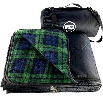 DOWN UNDER OUTDOORS Large Waterproof Windproof Extra Thick 350 GSM Quilted Fleece, or Sherpa Stadium Blanket - color: Green Check