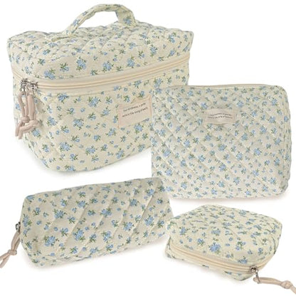NATINSA Cute Makeup Bag for Women(2 Pcs), Travel Cosmetic Bags, Quilted Coquette Aesthetic Floral Toiletry Organizer Bag (47 - BlueMuDan) - color: 47 - BlueMuDan