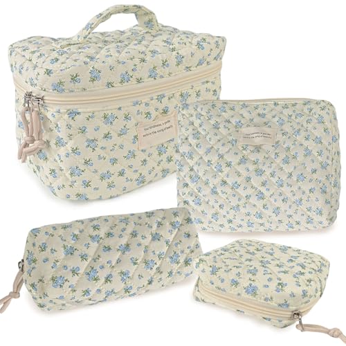 NATINSA Cute Makeup Bag for Women(2 Pcs), Travel Cosmetic Bags, Quilted Coquette Aesthetic Floral Toiletry Organizer Bag (47 - BlueMuDan) - color: 47 - BlueMuDan