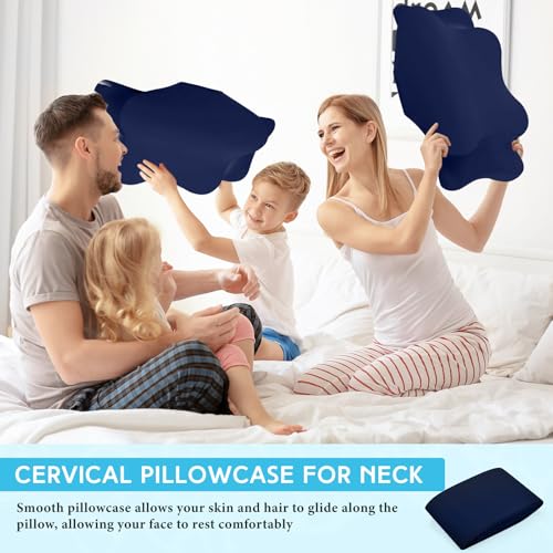 Hahafelt Cooling Cervical Neck Pillowcase Cover (Only Pillow Case) Ergonomic Pillowcase with Zipper Breathable Contour Pillow Cover for Side Back Stomach Sleepers(Navy Blue,Queen Size) - color: Navy Blue, size: Queen