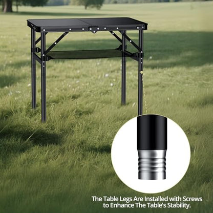 Anbte 2ft Folding Camping Table Max 29.5", 3 Adjustable Height Aluminum Small Folding Table with Storage Net & Portable Handle, Lightweight, for Travel Outdoor Beach Picnic Camp, 23.2" x 16", Black - size: 24"L x 16"W x 29.5H"