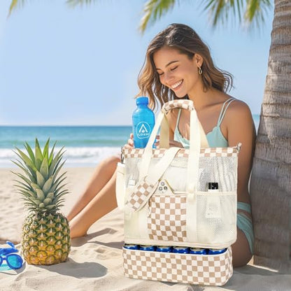 Bluboon Mesh Beach Tote Bag with Cooler Compartment Insulated Detachable Picnic Bag with Zipper and Pocket Pool Bag for Women - color: A-brown White Grid
